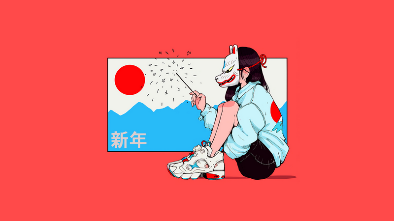 Anime girl with Kitsune mask holding sparkler