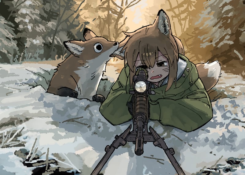 Fox girl with a fox and a machine gun in the snow