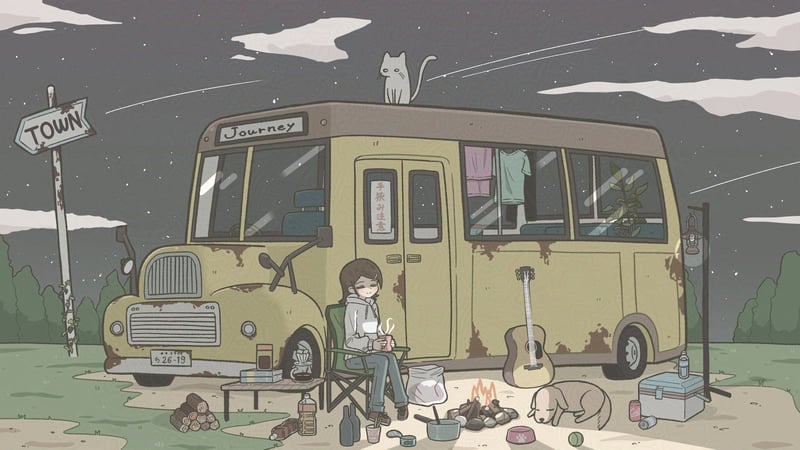 Anime girl camping with guitar, cat, and dog by RV