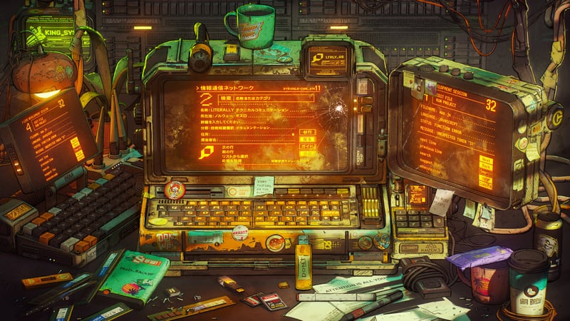 Cyberpunk computer setup with multiple displays