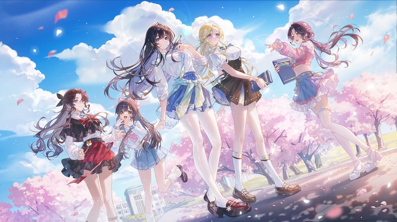 Anime girls with books under cherry blossoms