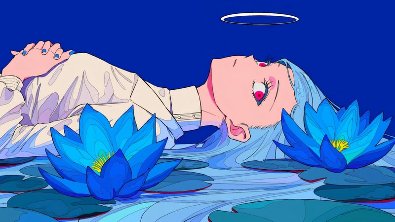 Girl with Halo Lying in Water with Blue Water Lilies