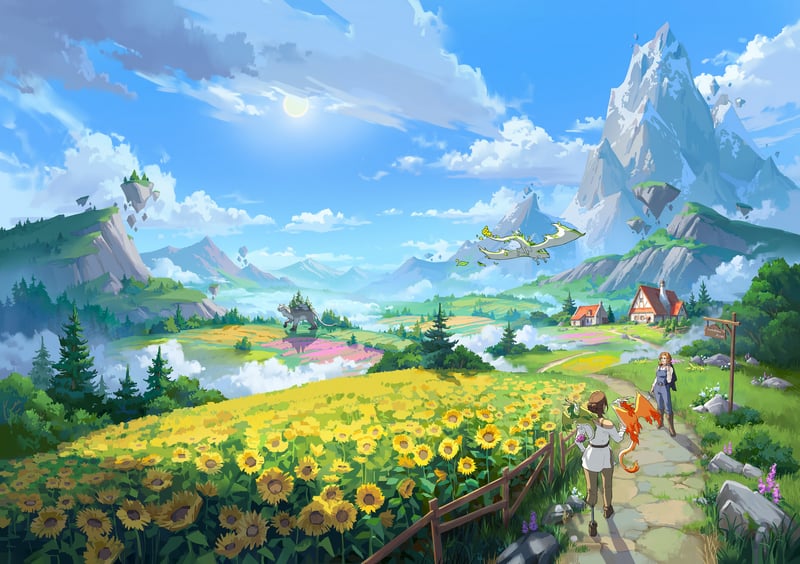 Creature and girl in a sunflower field with mountains