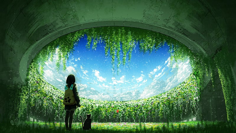 Anime girl and cat in overgrown nature