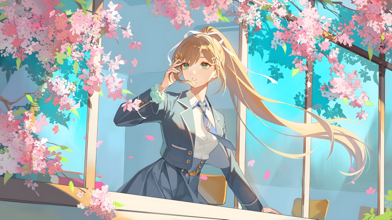 Anime girl with blonde ponytail in school uniform among cherry blossoms