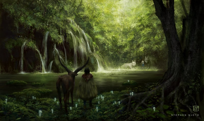 Ashitaka and San with Kodama in a forest waterfall