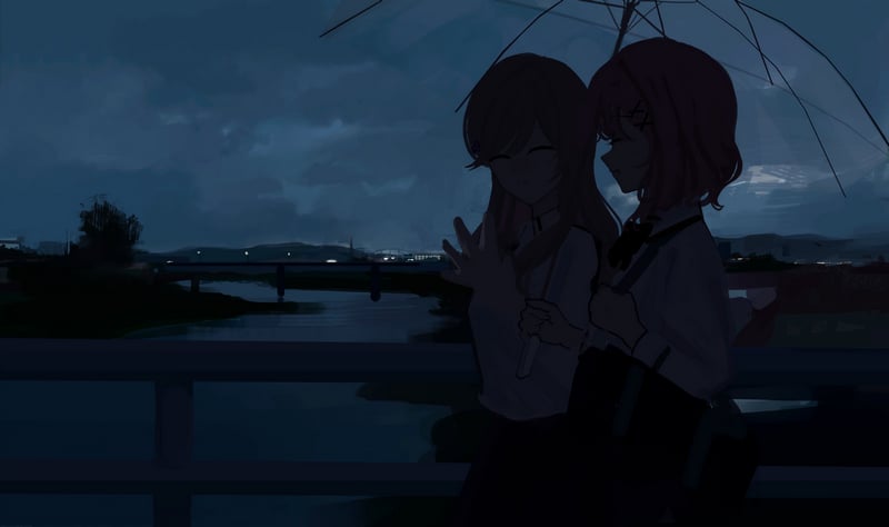 Anime girls under an umbrella on a bridge at night