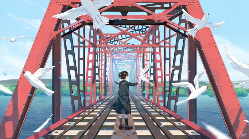 Anime girl on a truss bridge with birds