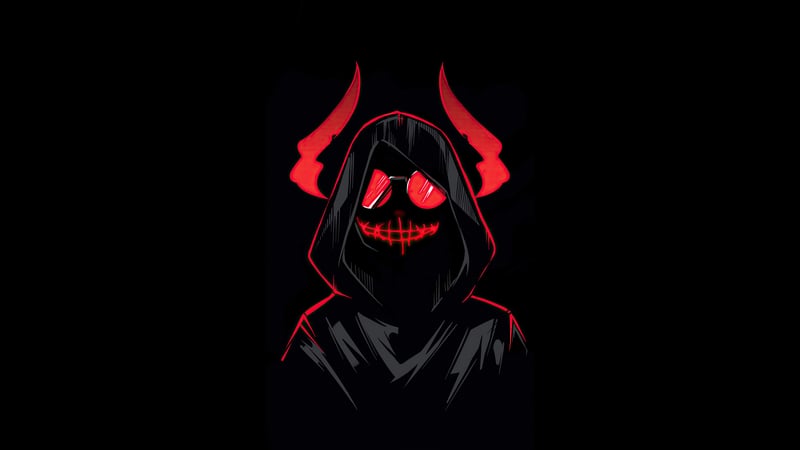 Hooded figure with devil horns and red glasses
