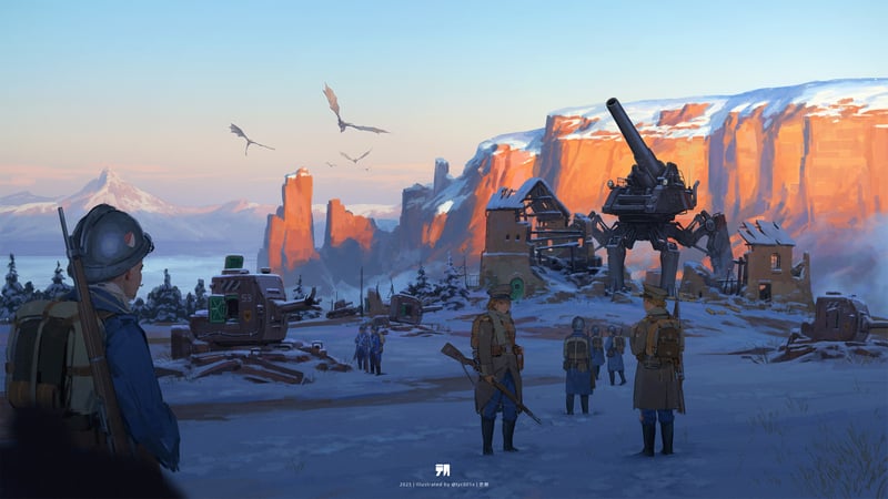 Soldiers and creatures in a snowy, mountainous landscape
