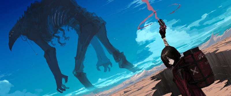 Creature and female character with gun in desert