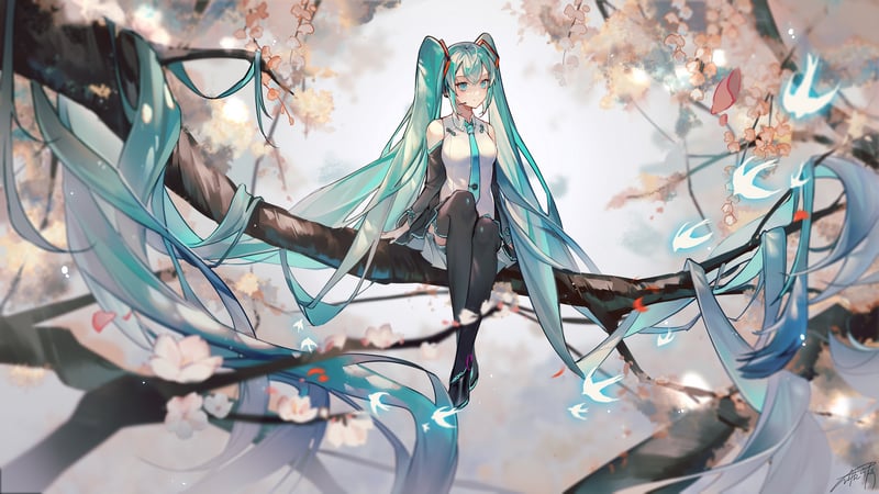 Hatsune Miku sitting on a tree branch with cherry blossoms