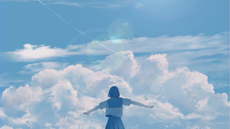 Girl in school uniform with arms outstretched against cloudy sky