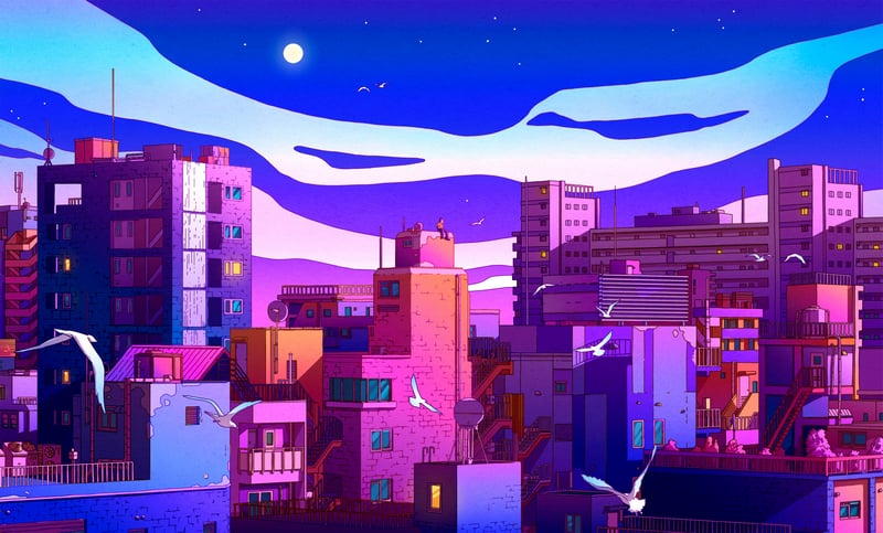 Cityscape at Dusk with Flying Birds