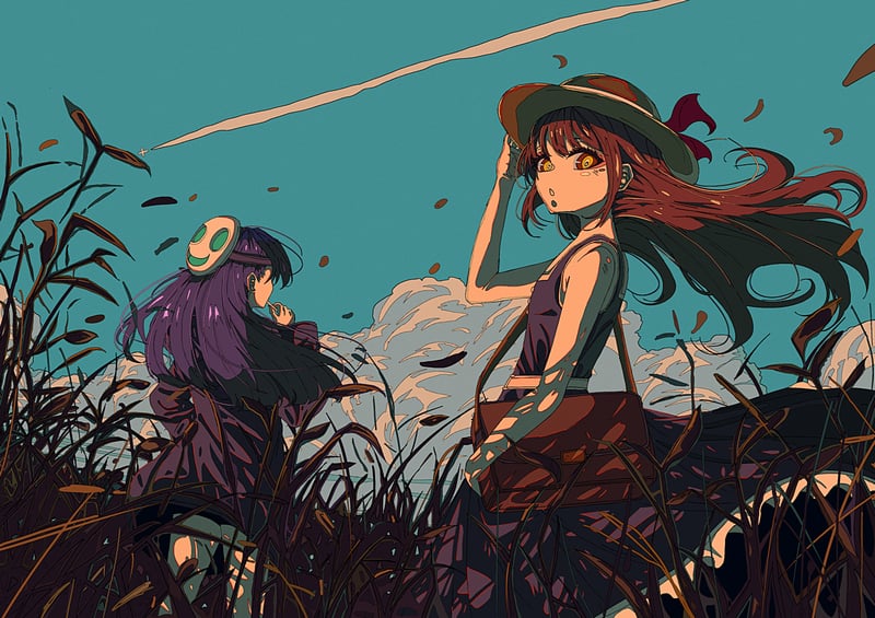 Anime girls in a field with leaves