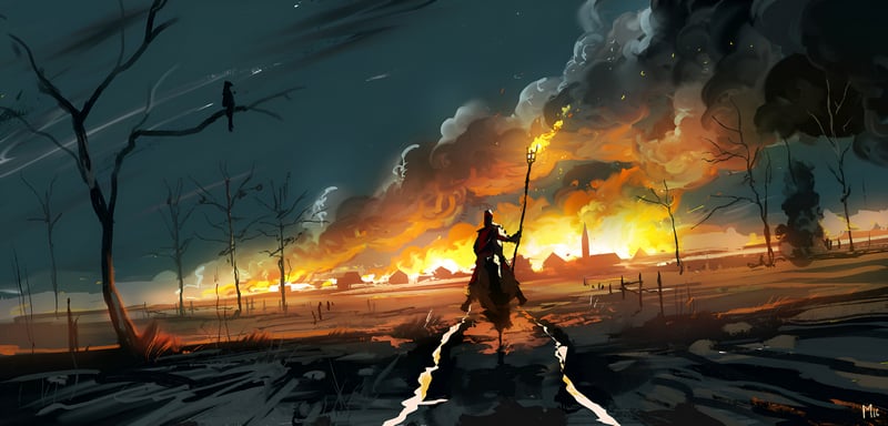 Knight with Torch Rides Through Burning Village at Night