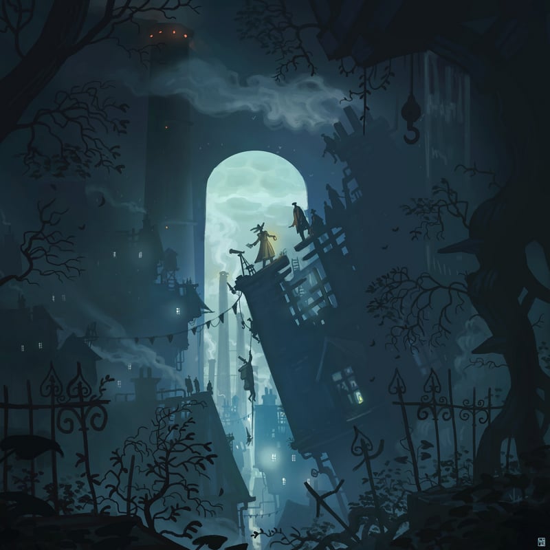 Two figures stand on a ruined building under a large archway.