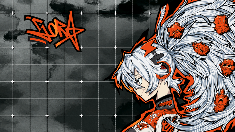 Anime girl Sora with white ponytail and orange accents