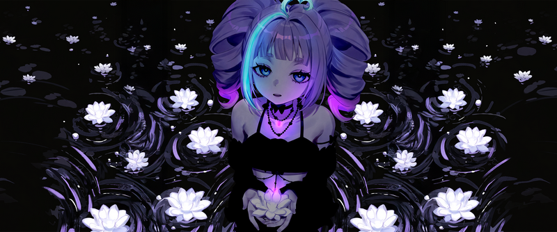 Gothic Lolita girl with glowing lotus flowers