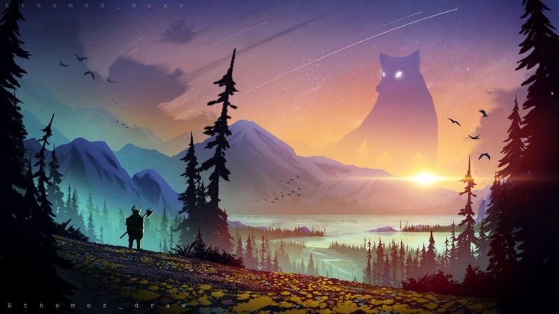 Giant cat-like creature watches over a man in a fantasy landscape