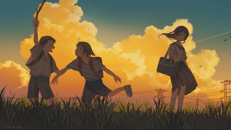 Anime boys and girl playing outdoors during golden hour