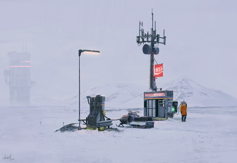 Snowmobile and communication tower in a snowy landscape