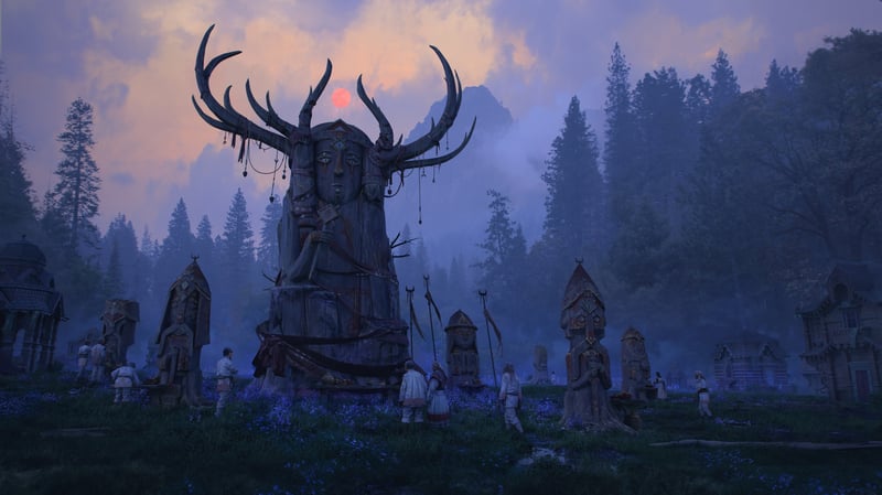 People gather at a large antlered statue during sunset