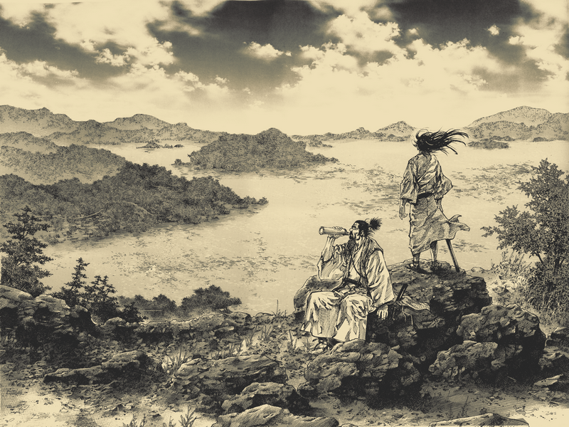 Miyamoto Musashi and companion overlooking a lake