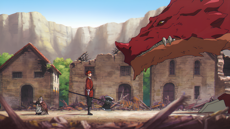 Stark faces a giant red dragon in a destroyed village