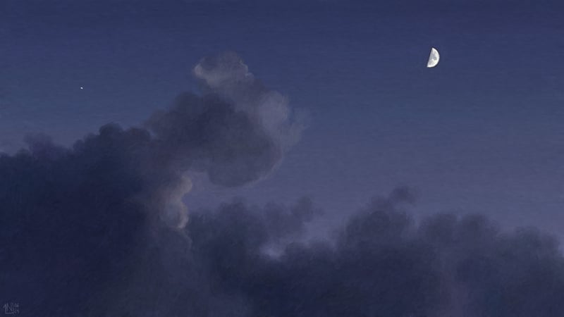 Moon and a bright star in a cloudy night sky