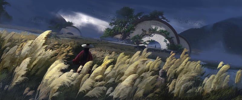 Person in a field with arched structures