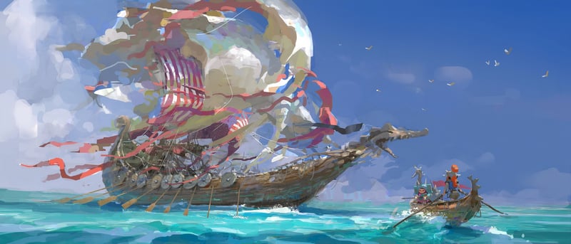 Sailing ship with dragon figurehead on turquoise sea