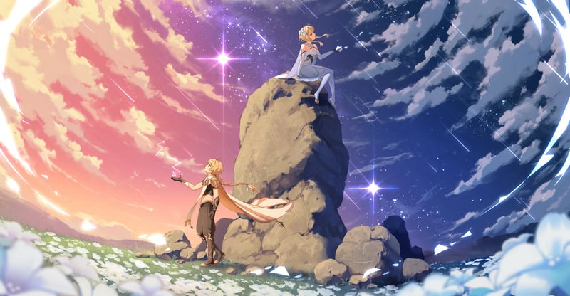 Aether and Lumine from Genshin Impact on a rock
