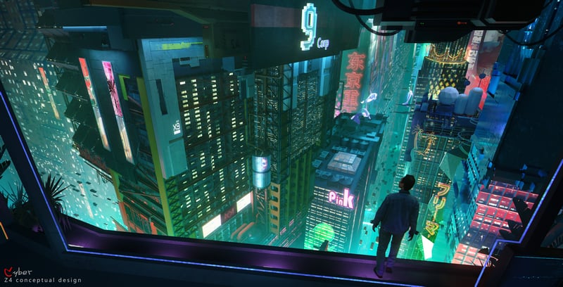 Man overlooks a futuristic neon cityscape from a high vantage point