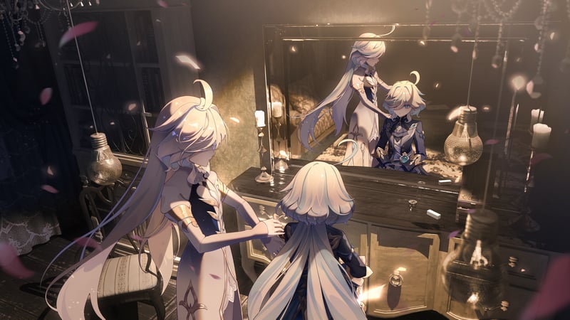 Focalors and Furina in a room with a mirror