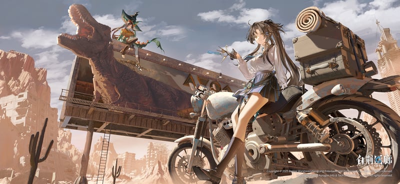 Anime girls with Ash Echoes on a motorcycle near a dinosaur billboard