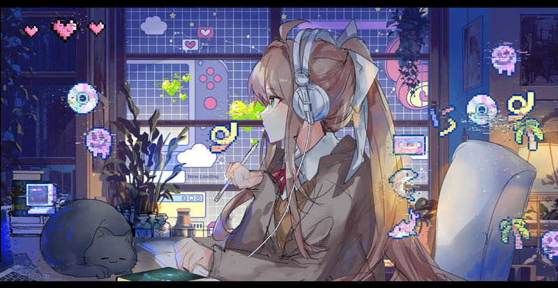 Monika from Doki Doki Literature Club with headphones and cat