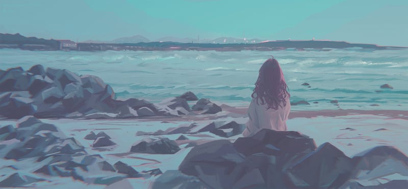 Qingli Ye on a rocky seashore