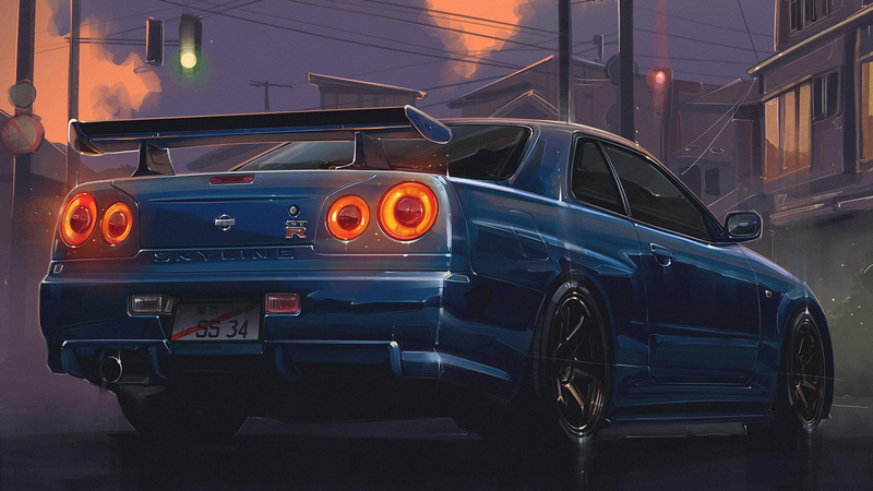 Nissan Skyline GT-R R34 rear view at dusk