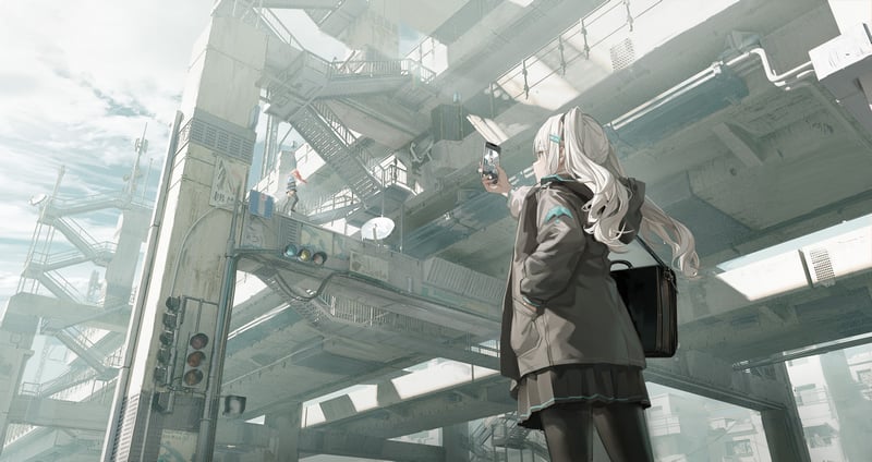 Anime girl with long hair holding a smartphone in a futuristic city