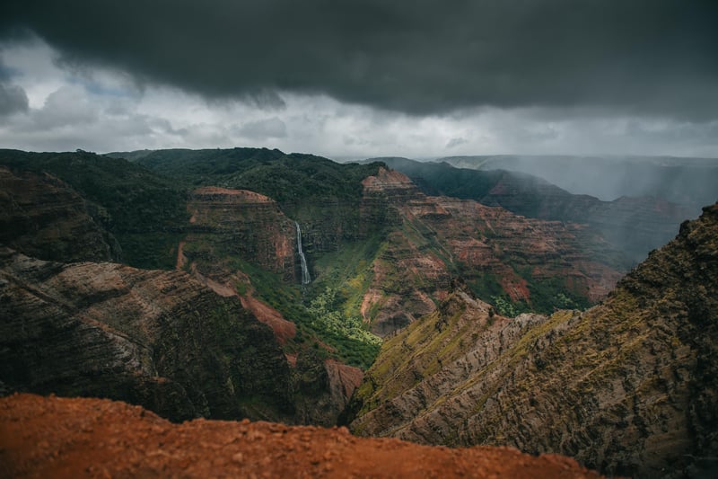 Waimea Canyon Waterfall Under Stormy Skies