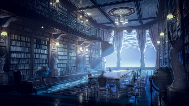 A grand library with a spiral staircase and large windows