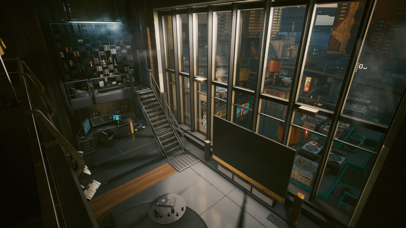 Cyberpunk 2077 interior with stairs and city view