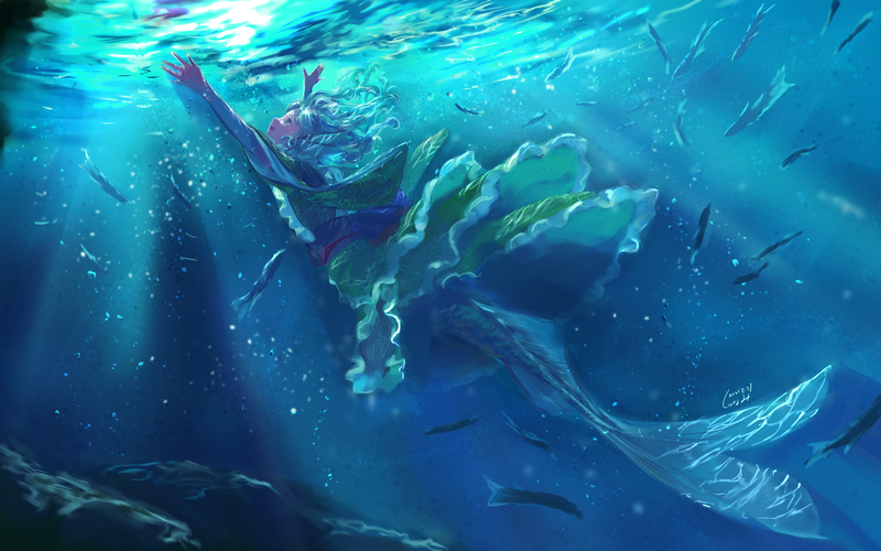 Wakasagihime underwater with fish