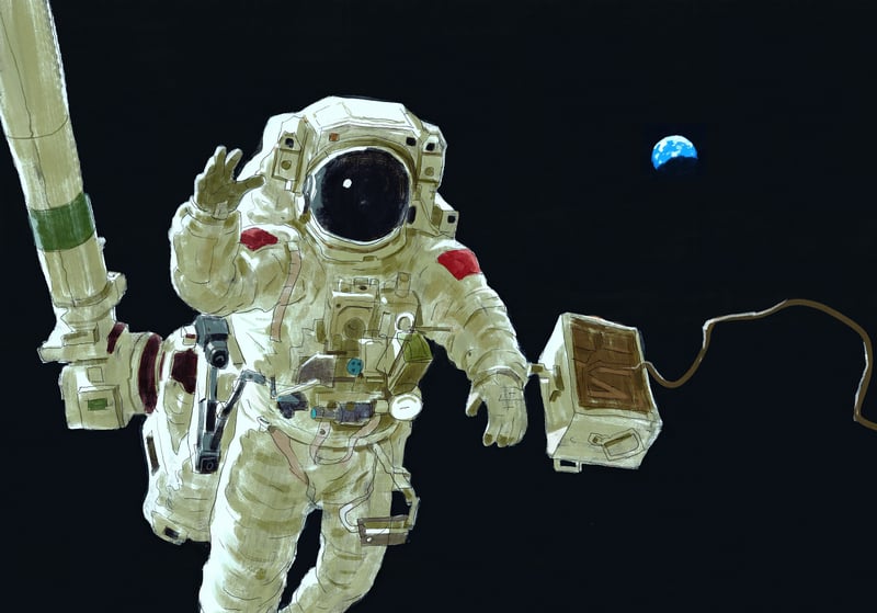 Astronaut waving in space near a robotic arm