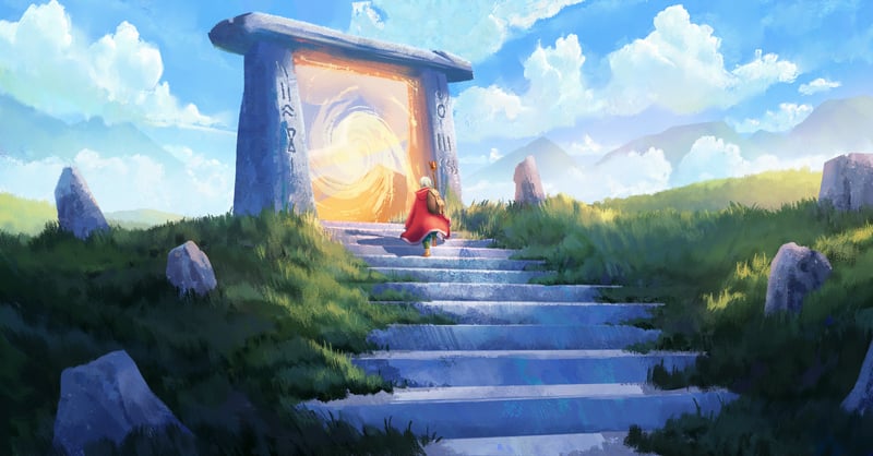 Figure approaches a glowing portal on stone stairs