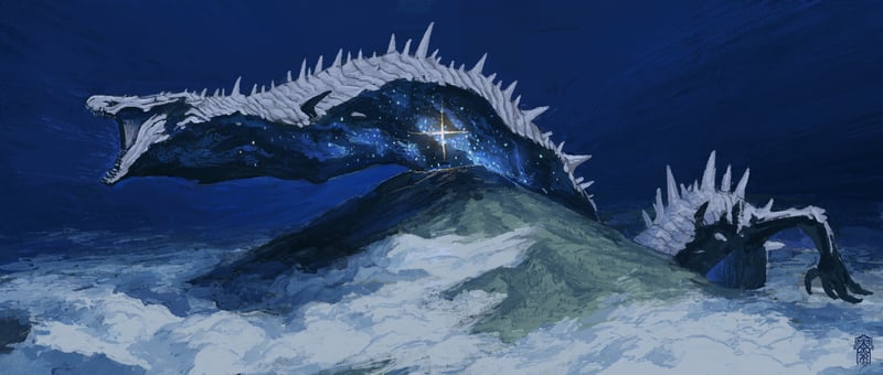 Dragon over mountains with stars and clouds
