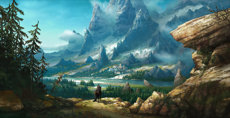 The Witcher character on horseback overlooking a mountain village