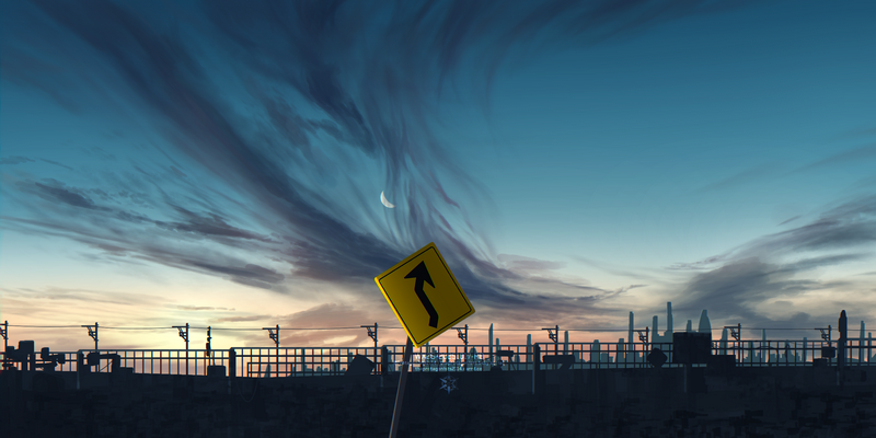 Road sign with curved arrow against a sunset sky