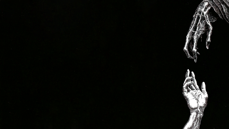 Two hands reaching towards each other on a black background